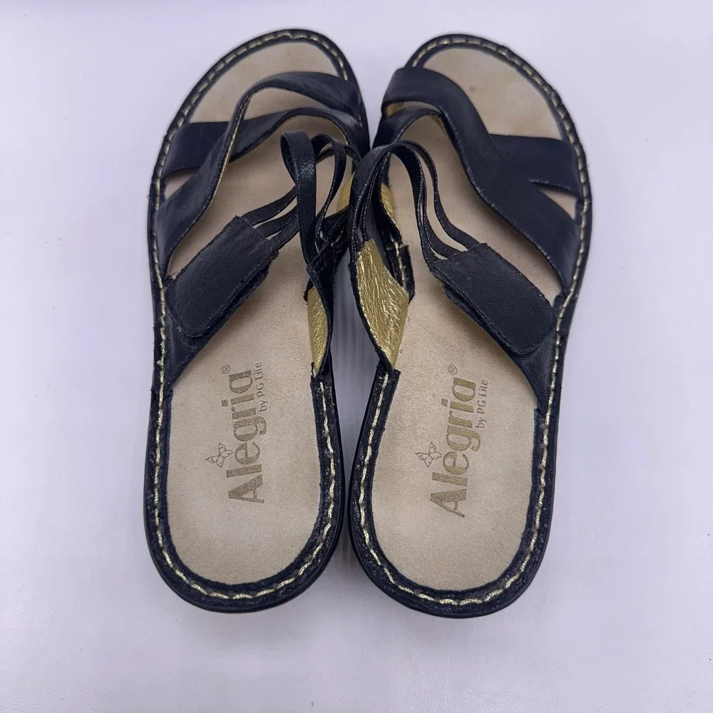 Alegria LEI-661 Black Leather Wedge Sandals Gold Lining Womens 39 US 9-9.5